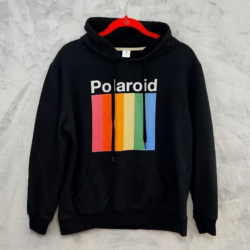 Polaroid Graphic Hoodie Medium Black Rainbow Logo Pullover Sweatshirt Casual